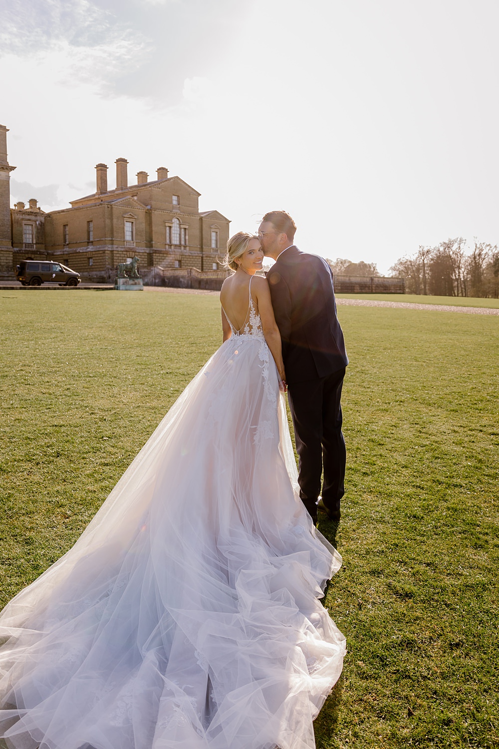 Dress Gown Bride Bridal Lace Tulle Long Train Enzoani Holkham Hall Wedding Katherine Ashdown Photography
