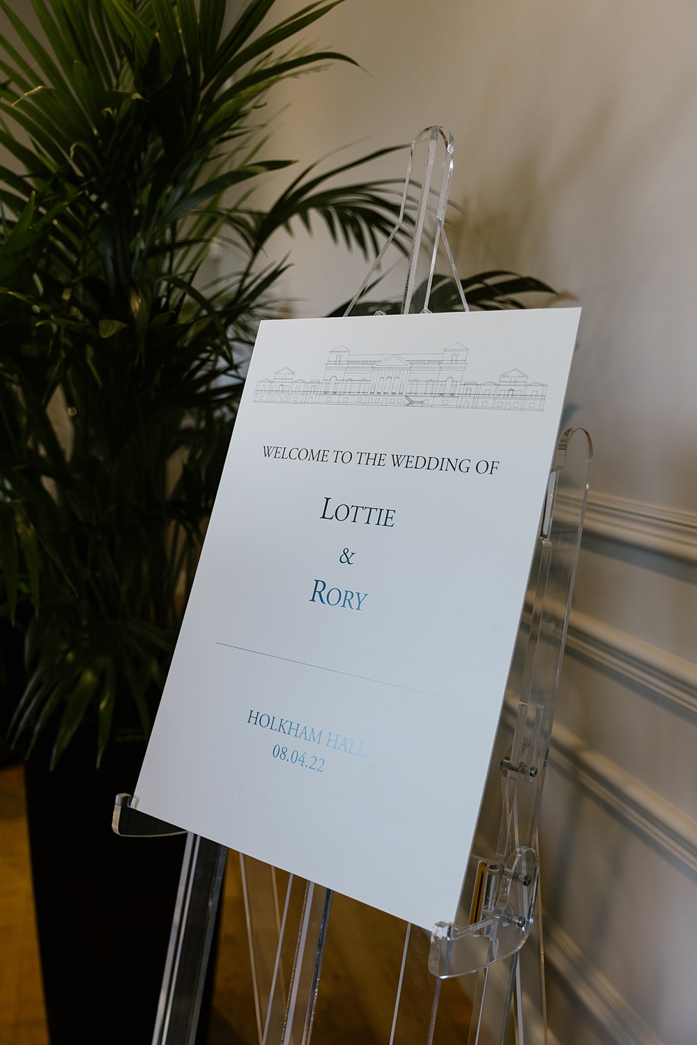 Modern Simple Welcome Sign Holkham Hall Wedding Katherine Ashdown Photography