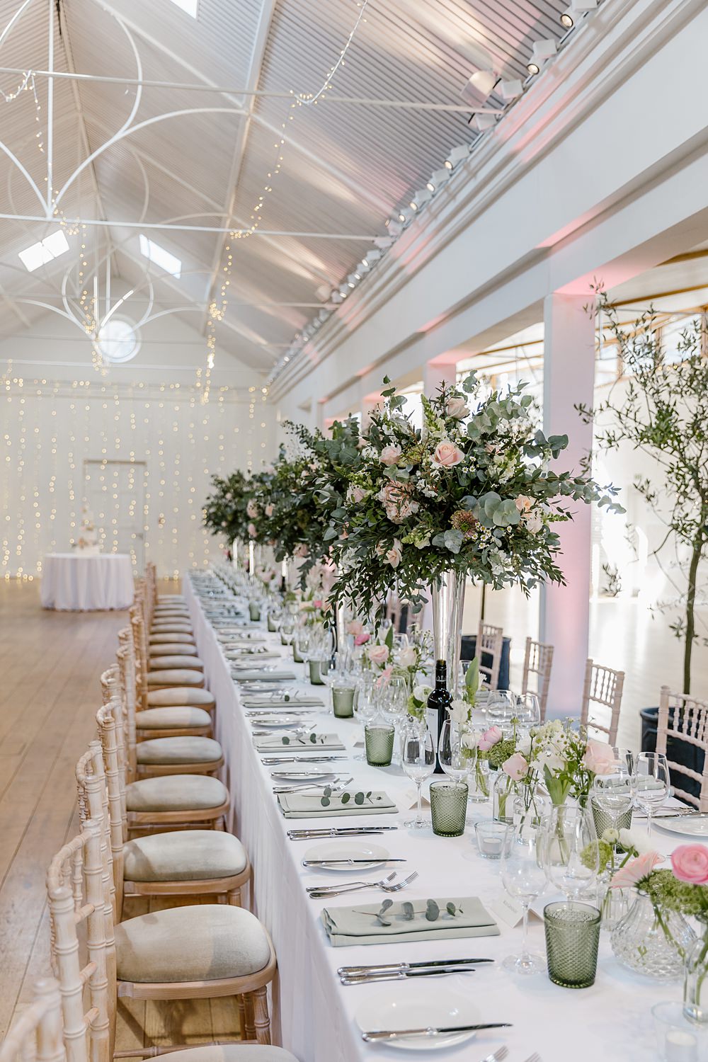 Long Tables Greenery Tall Flower Arrangements Pink Holkham Hall Wedding Katherine Ashdown Photography