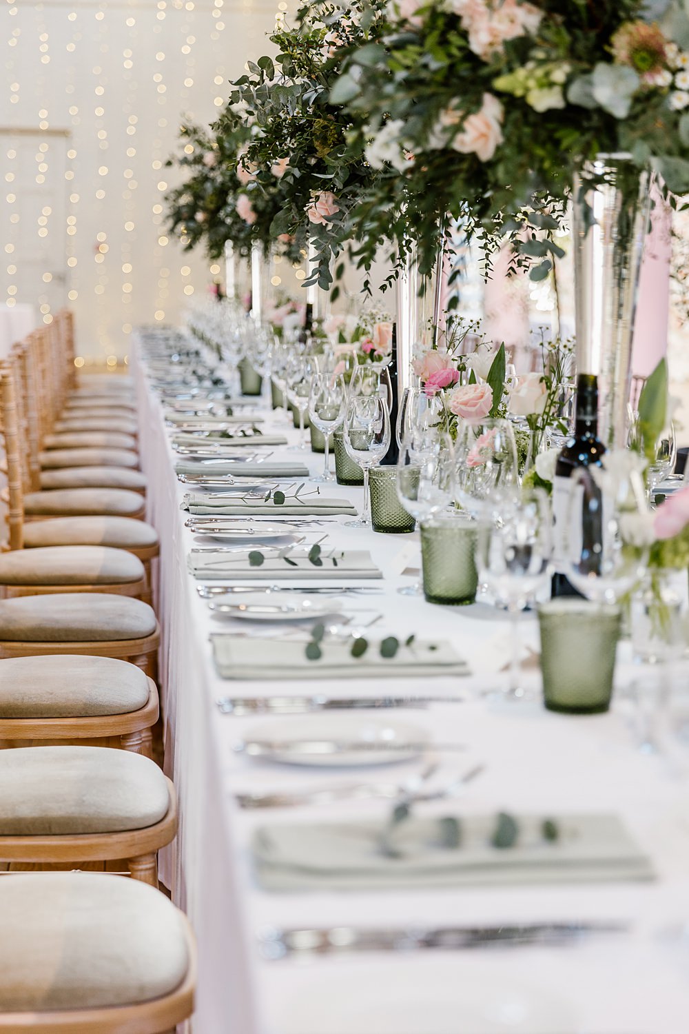 Long Tables Greenery Tall Flower Arrangements Pink Holkham Hall Wedding Katherine Ashdown Photography