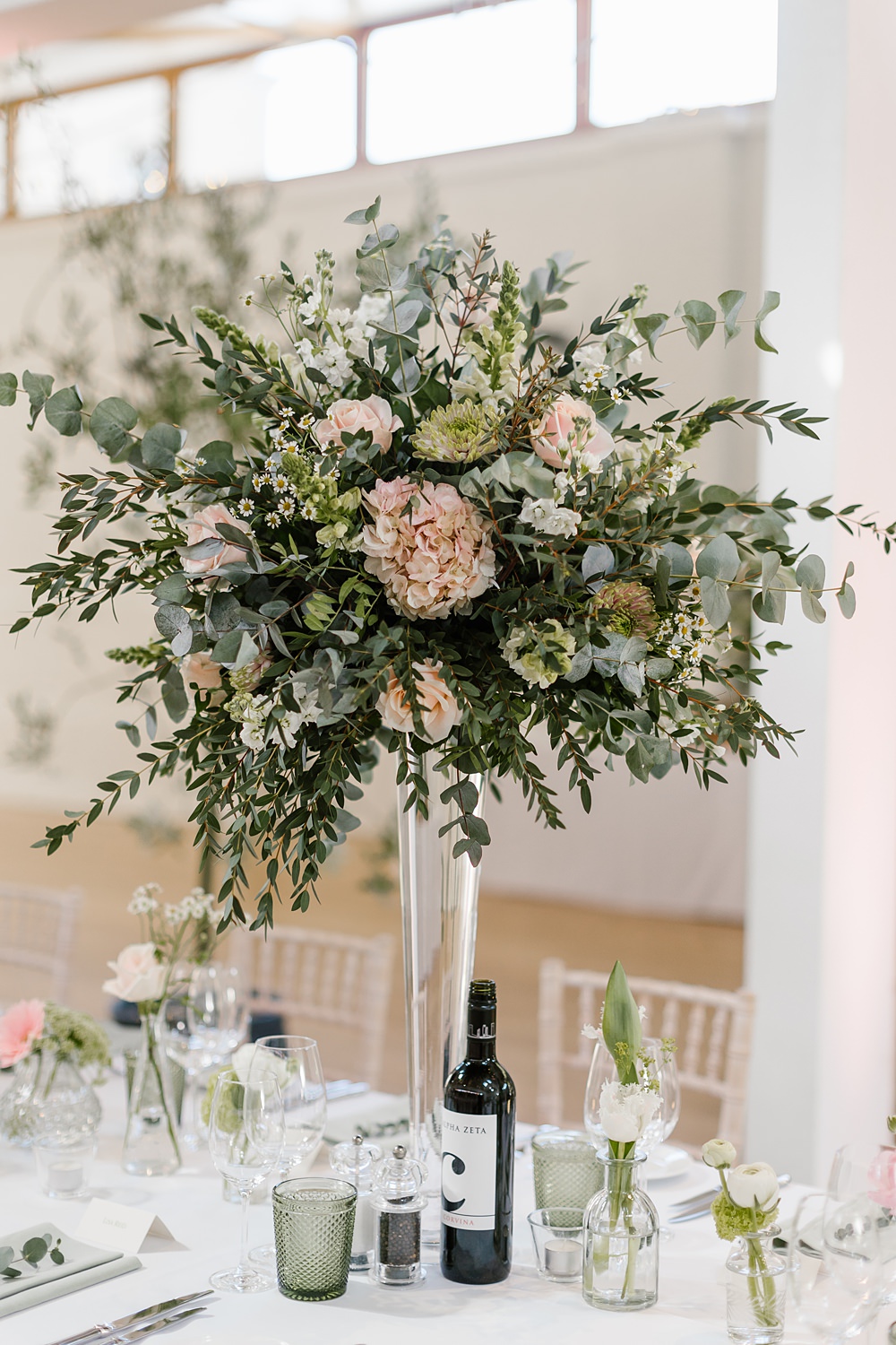 Long Tables Greenery Tall Flower Arrangements Pink Holkham Hall Wedding Katherine Ashdown Photography