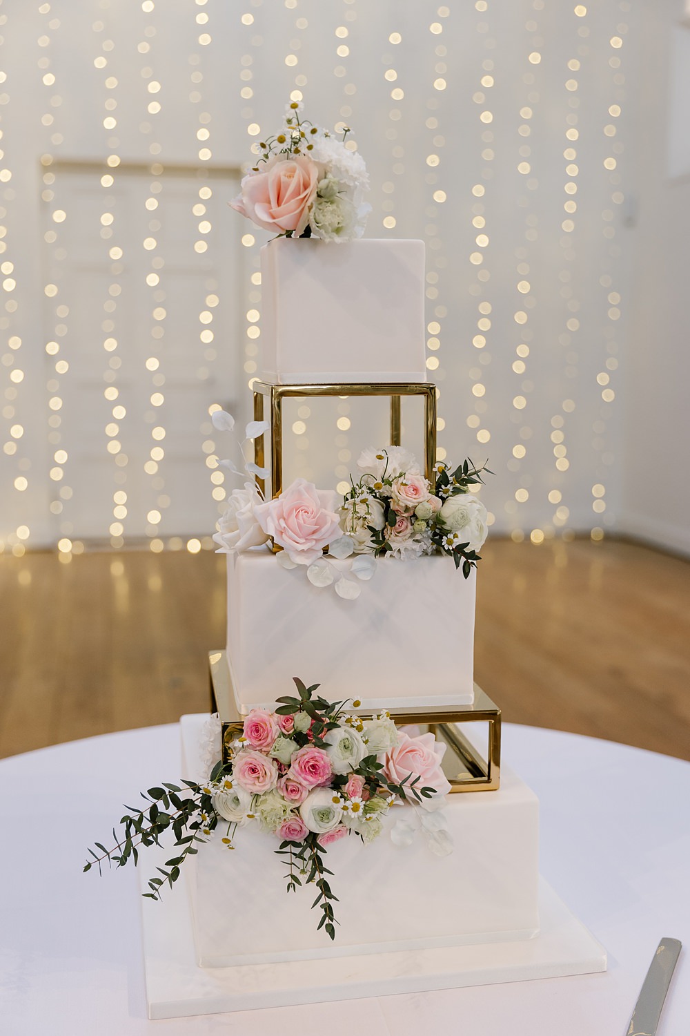 Square Cake Flowers Stand Holkham Hall Wedding Katherine Ashdown Photography
