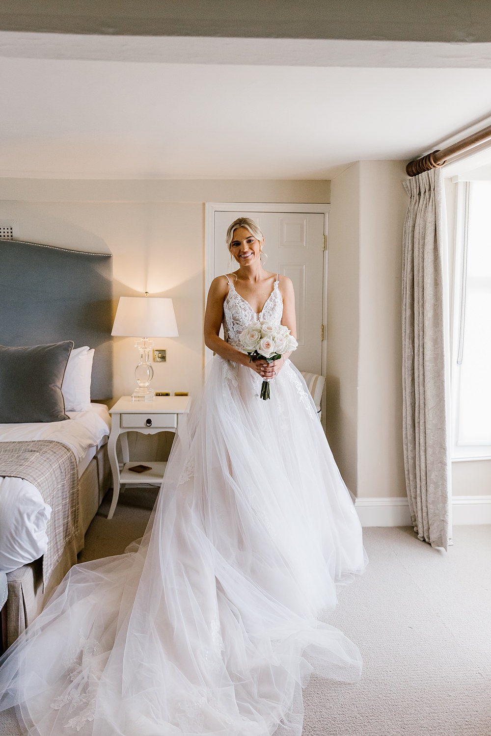 Dress Gown Bride Bridal Lace Tulle Long Train Enzoani Holkham Hall Wedding Katherine Ashdown Photography