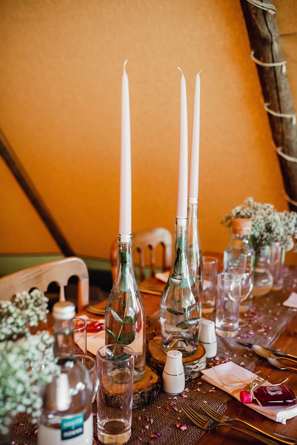 Centrepiece Decor Bottles Water Greenery Candles Home Garden Tipi Wedding Kloe May Photography