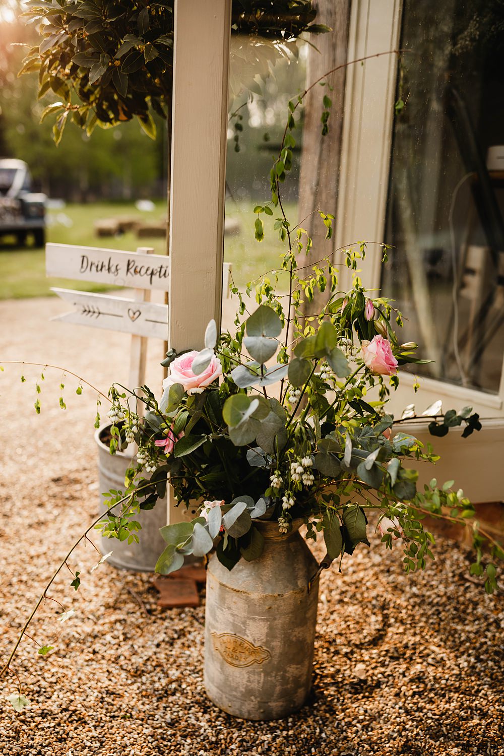 Milk Churn Flowers Pink Rose Greenery Home Garden Tipi Wedding Kloe May Photography