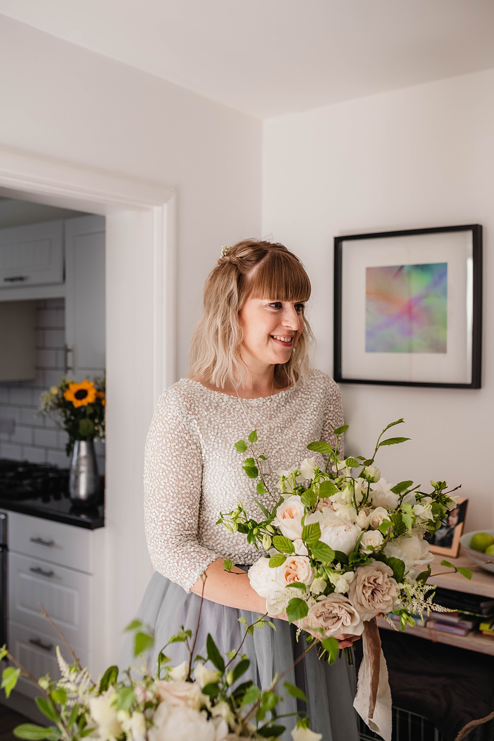Bouquet Flowers Bride Bridal White Rose Astilbe Peony Home Garden Tipi Wedding Kloe May Photography