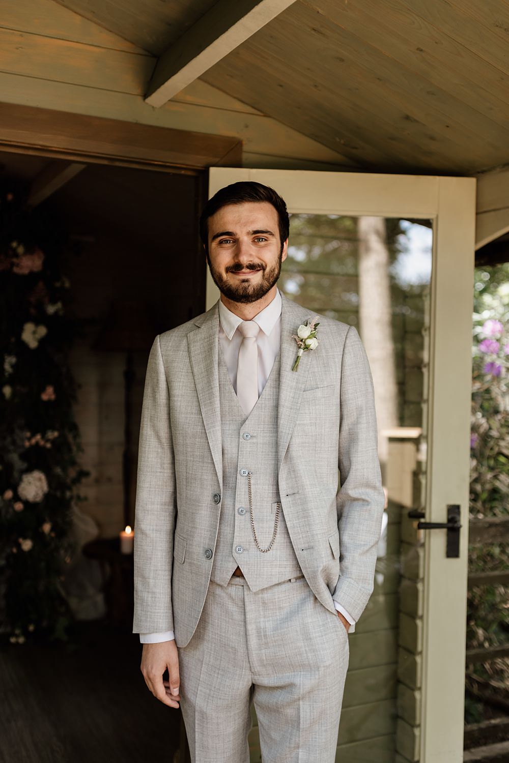 Groom Pale Grey Suit Pink Tie Love Shack Wedding Natalie Coultas Photography