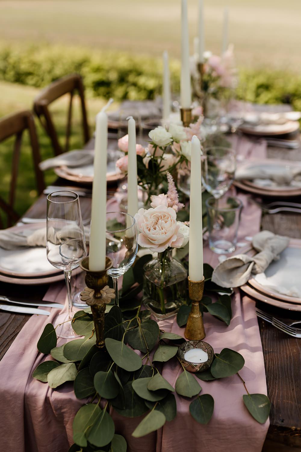 Blush Pink Table Runner Setting Candles Greenery Decor Love Shack Wedding Natalie Coultas Photography