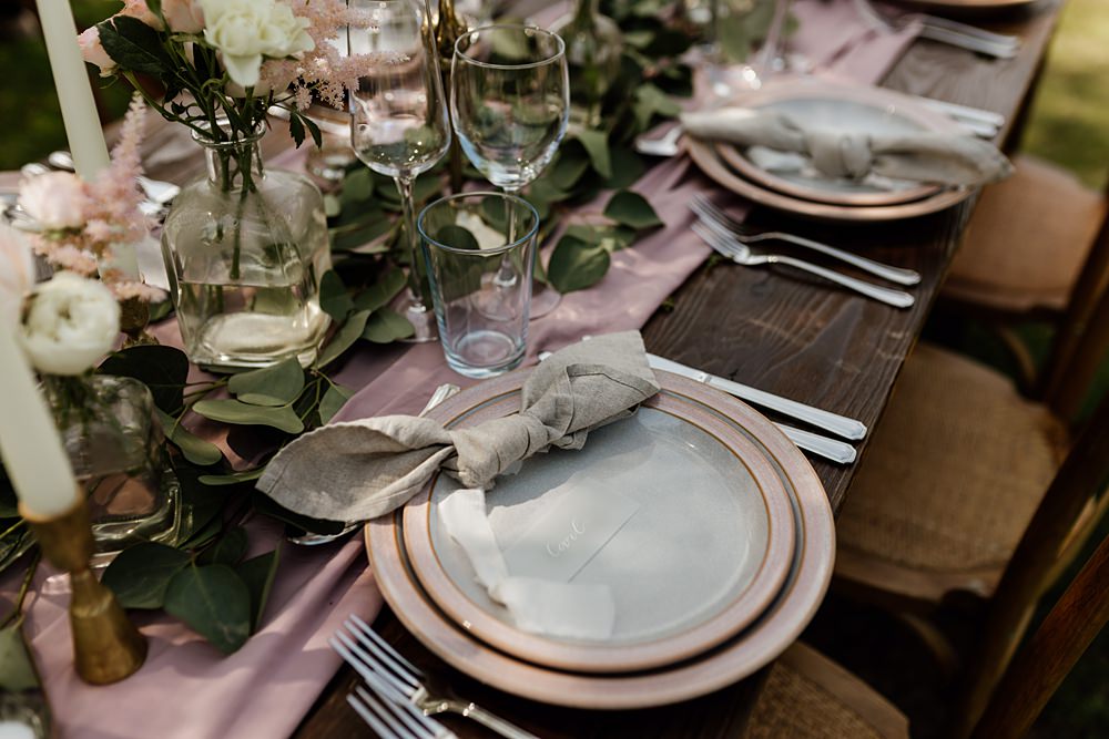 Place Setting Pink Grey Table Decor Plate Napkin Place Card Love Shack Wedding Natalie Coultas Photography