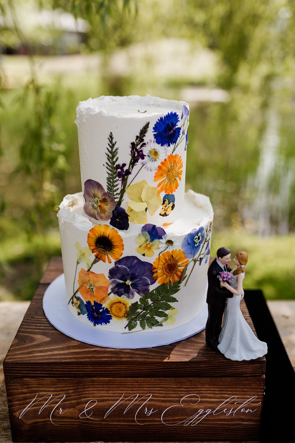 Orange Blue Wildflower Petal Pressed Flower Cake Love Shack Wedding Natalie Coultas Photography