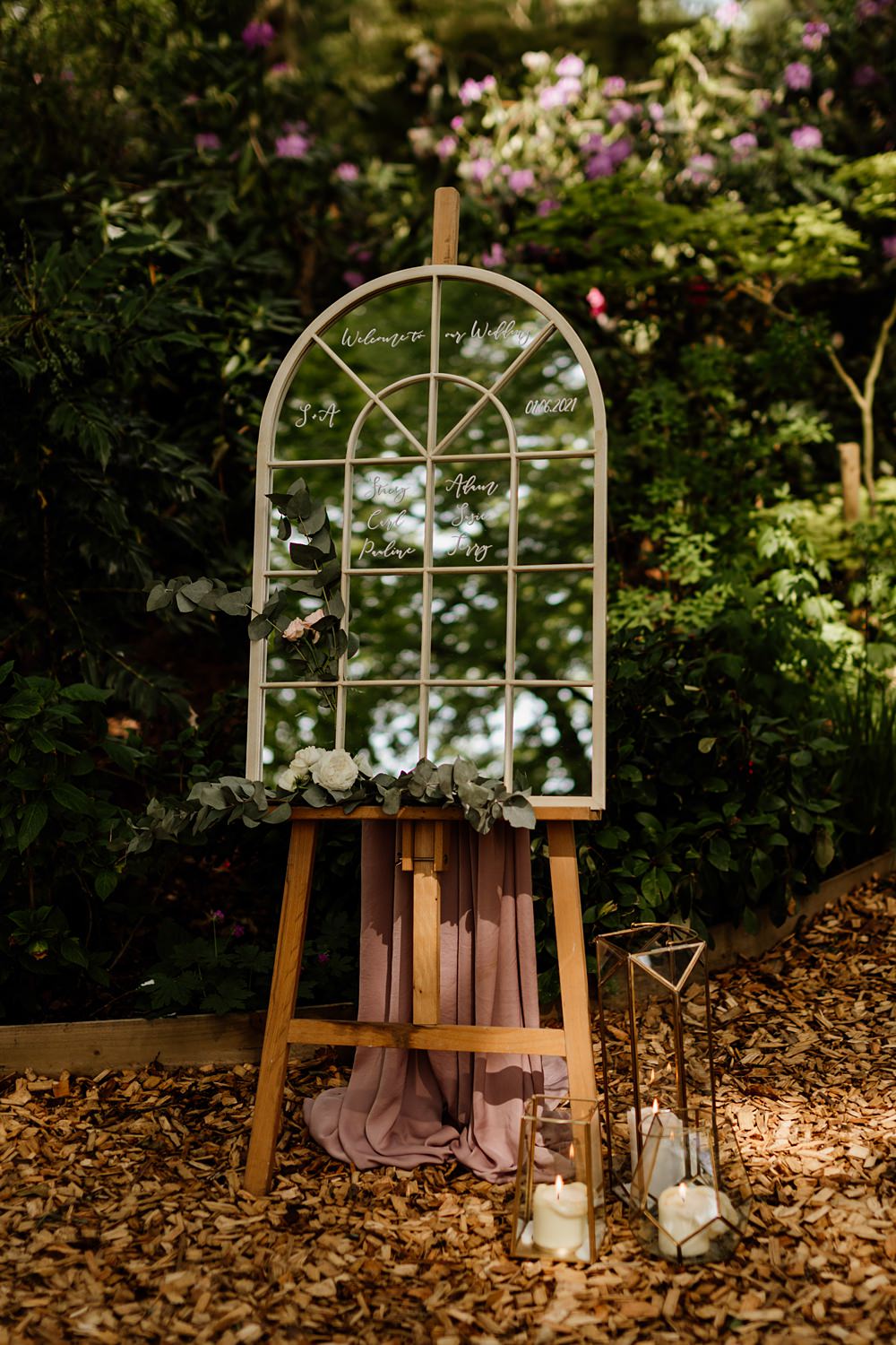 Mirror Welcome Signage Window Flowers Candles Fabric Love Shack Wedding Natalie Coultas Photography