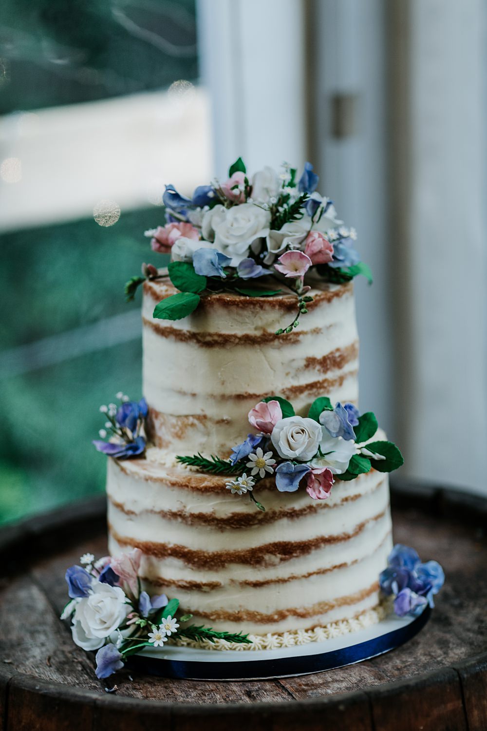 Semi Naked Cake Pink Blue Flowers Made With Love Lola Wedding Dress Annie Bradney Photography