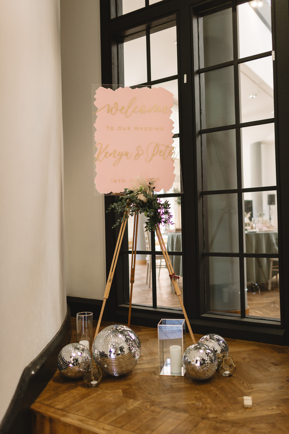 Pretty Pink Painted Acrylic Welcome Sign Disco Balls Pumping House Ollerton Wedding Louise Barry Photographer