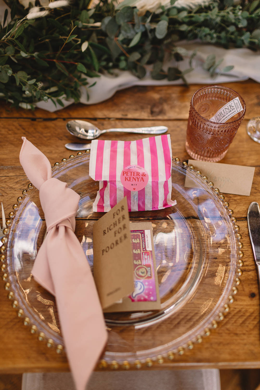 Pink Favour Bag Lottery Ticket Knot Napkin Place Setting Pumping House Ollerton Wedding Louise Barry Photographer