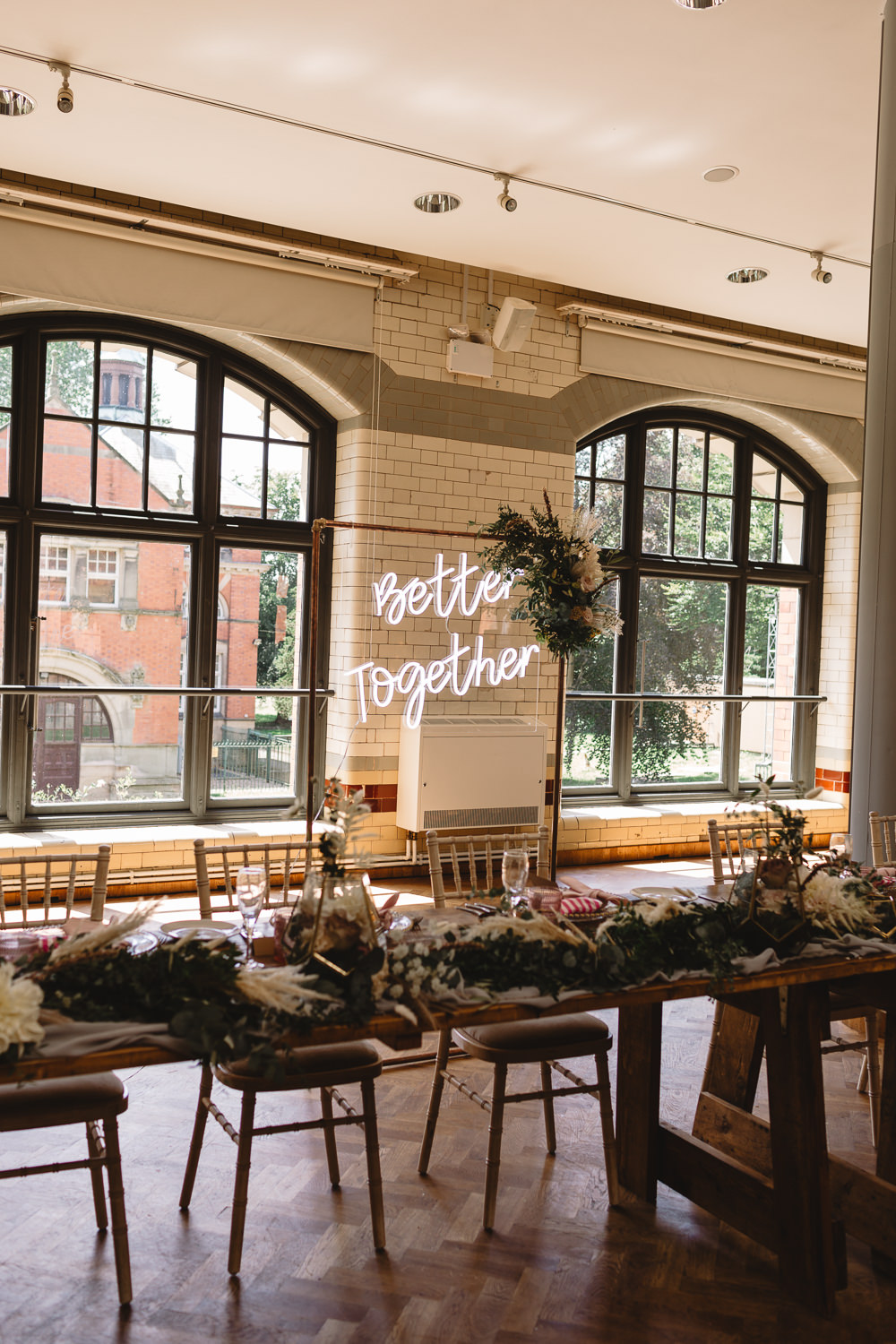 Top Table Neon Sign Backdrop Pumping House Ollerton Wedding Louise Barry Photographer