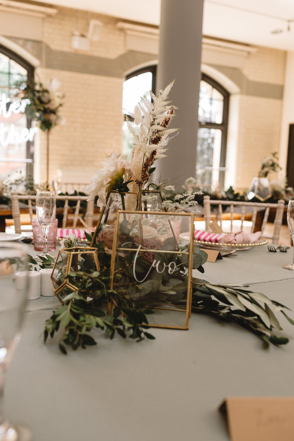 Green White Foliage Table Centrepiece Decor Greenery Grass Terrarium Green Sage Cloths Pumping House Ollerton Wedding Louise Barry Photographer Pumping House Ollerton Wedding Louise Barry Photographer