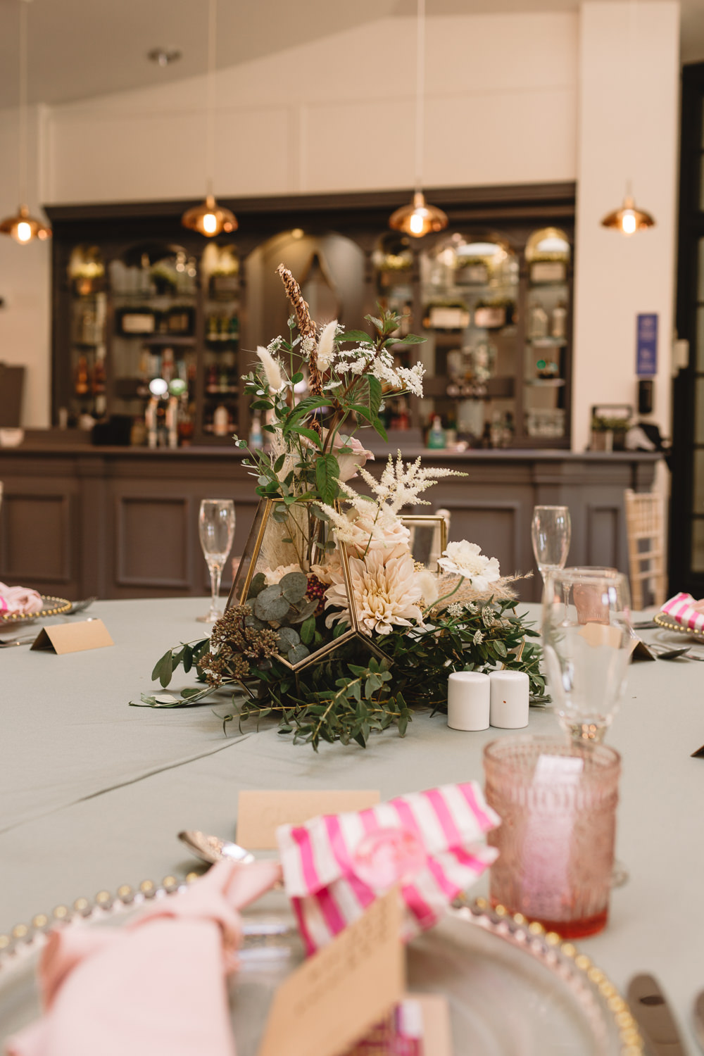 Green White Foliage Table Centrepiece Decor Greenery Grass Terrarium Green Sage Cloths Pumping House Ollerton Wedding Louise Barry Photographer