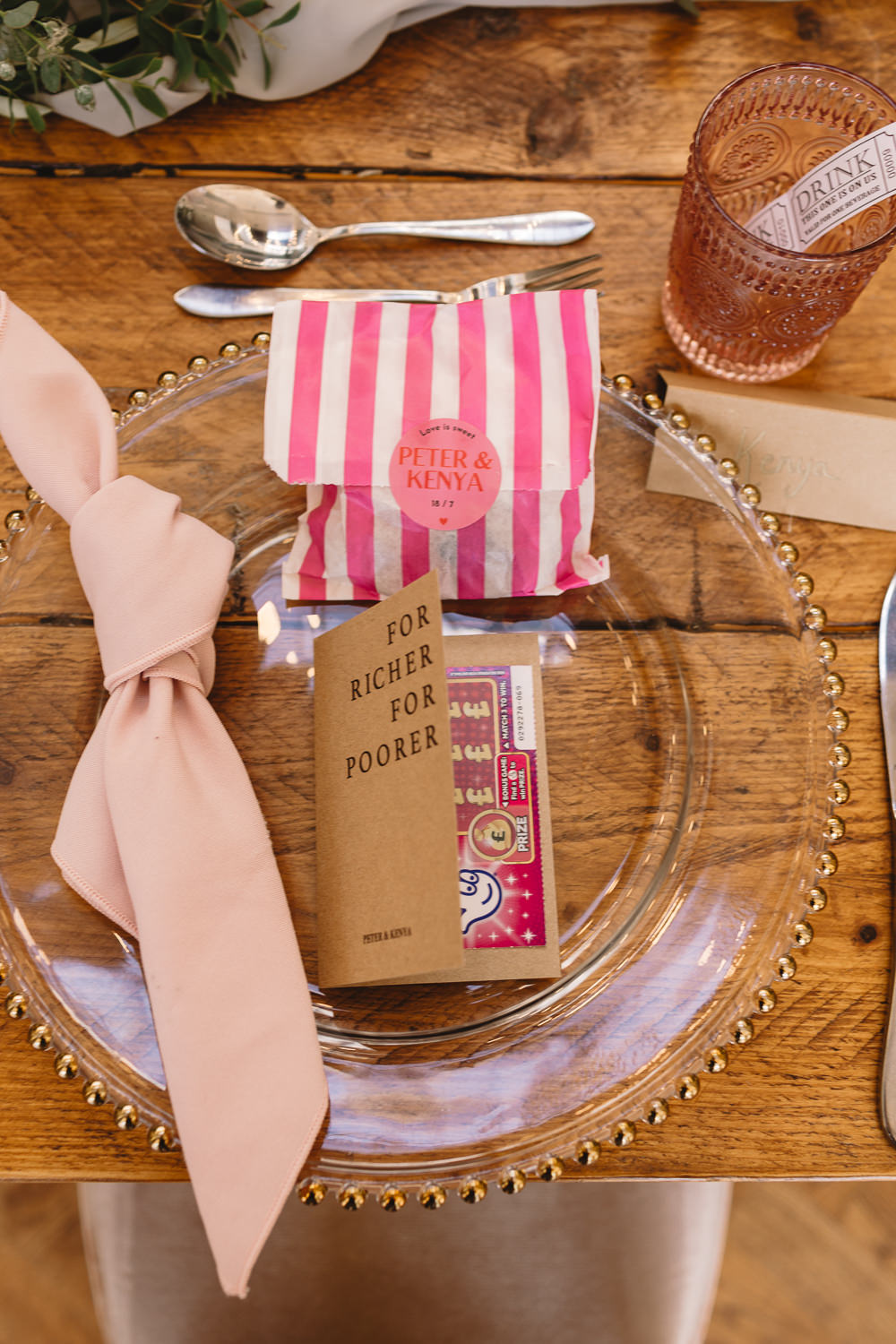 Pink Favour Bag Lottery Ticket Knot Napkin Place Setting Pumping House Ollerton Wedding Louise Barry Photographer