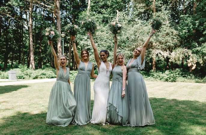 ASOS sage green bridesmaid dresses. Pumping House Ollerton Wedding Louise Barry Photographer