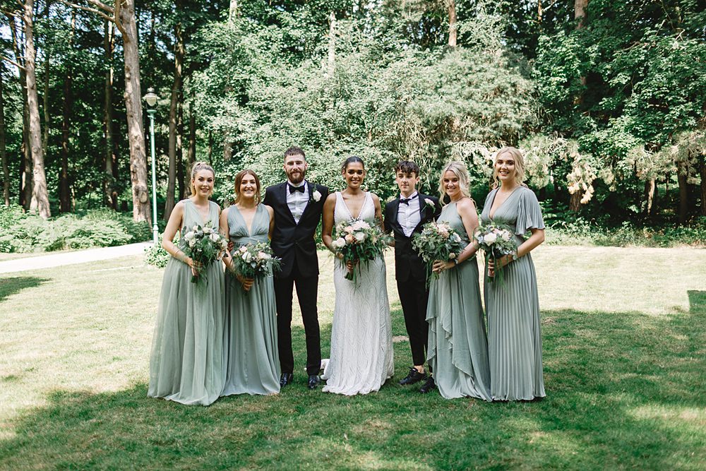 ASOS sage green bridesmaid dresses. Pumping House Ollerton Wedding Louise Barry Photographer