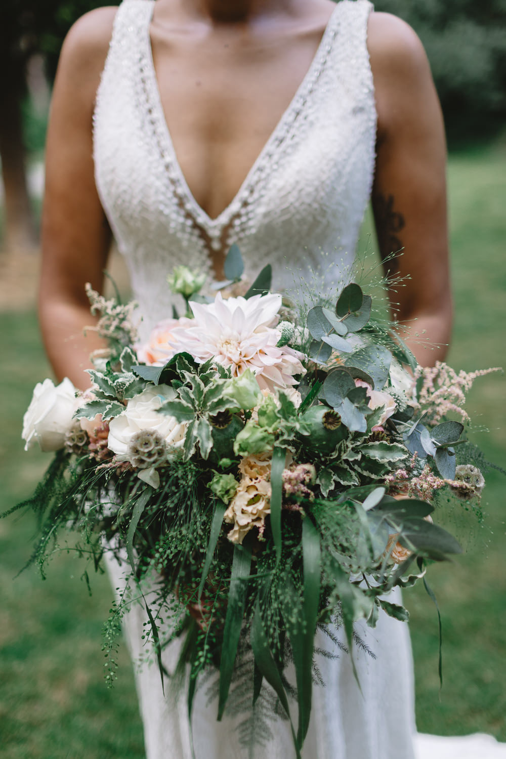 Pink Green Flowers Bridal Bouquet Dahlia Rose Greenery Pumping House Ollerton Wedding Louise Barry Photographer
