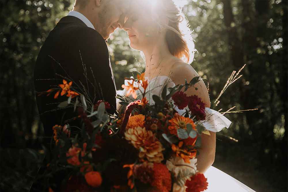 Bouquet Flowers Autumn Bride Bridal Dahlia Orange Sustainable Woodland Wedding Charly Mae Photography