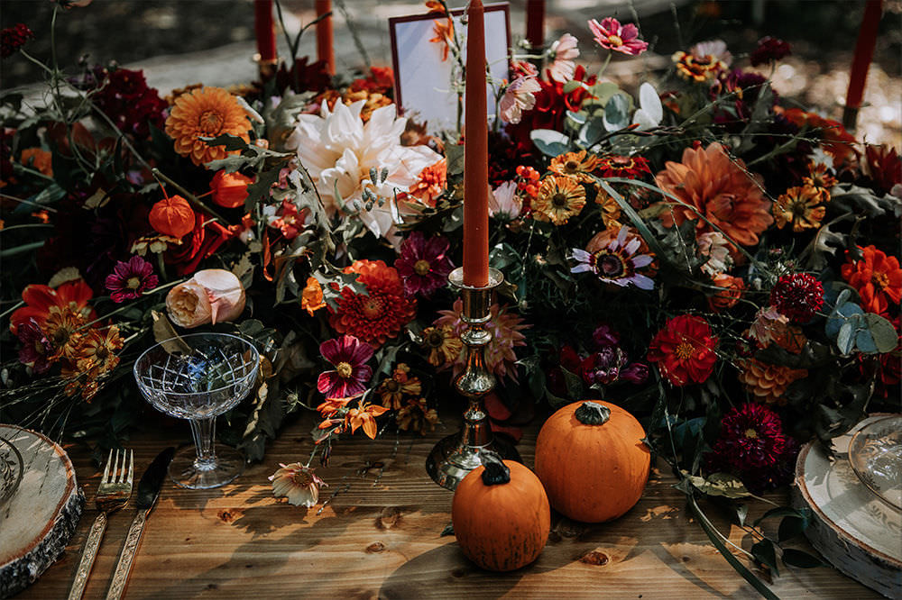 Table Decor Macrame Autumn Flowers Candles Pumpkin Sustainable Woodland Wedding Charly Mae Photography