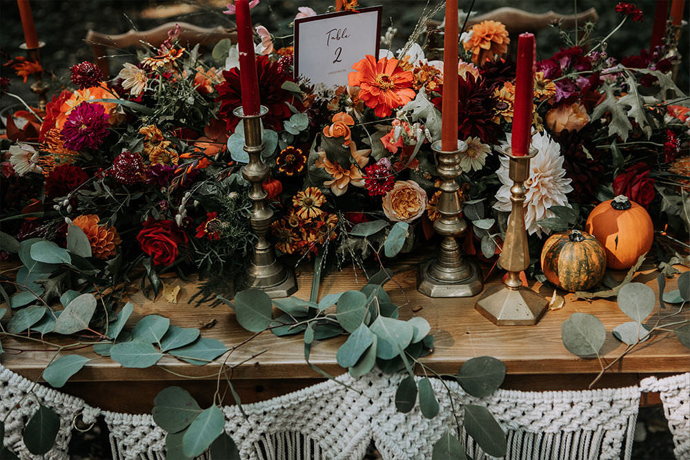Table Decor Macrame Autumn Flowers Candles Sustainable Woodland Wedding Charly Mae Photography