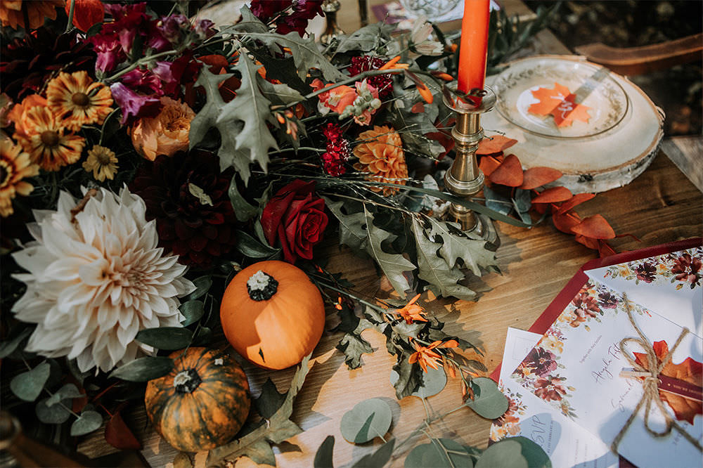 Table Decor Macrame Autumn Flowers Candles Pumpkin Sustainable Woodland Wedding Charly Mae Photography