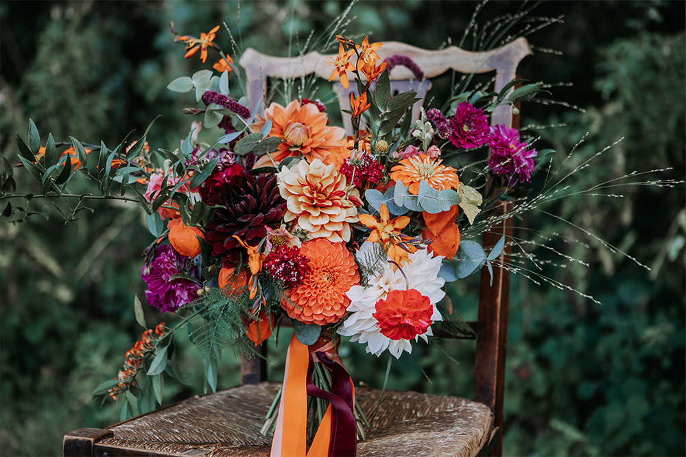 Bouquet Flowers Autumn Bride Bridal Dahlia Orange Sustainable Woodland Wedding Charly Mae Photography