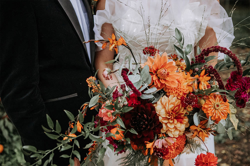 Bouquet Flowers Autumn Bride Bridal Dahlia Orange Sustainable Woodland Wedding Charly Mae Photography