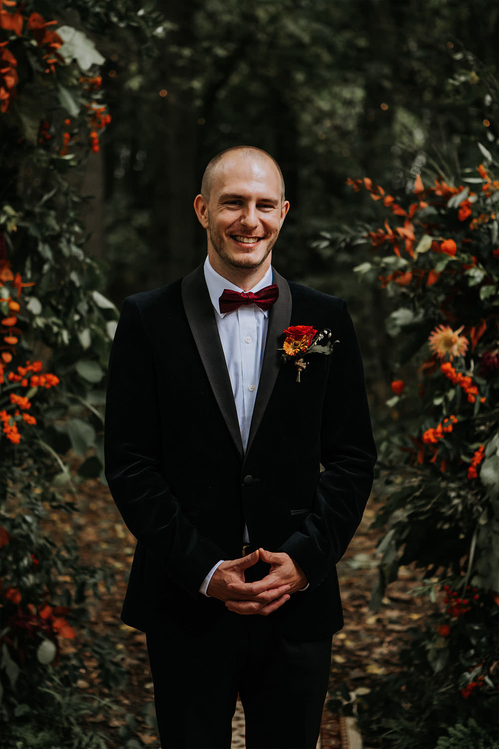 Groom Tuxedo Red Bow Tie Autumn Buttonhole Flowers Sustainable Woodland Wedding Charly Mae Photography