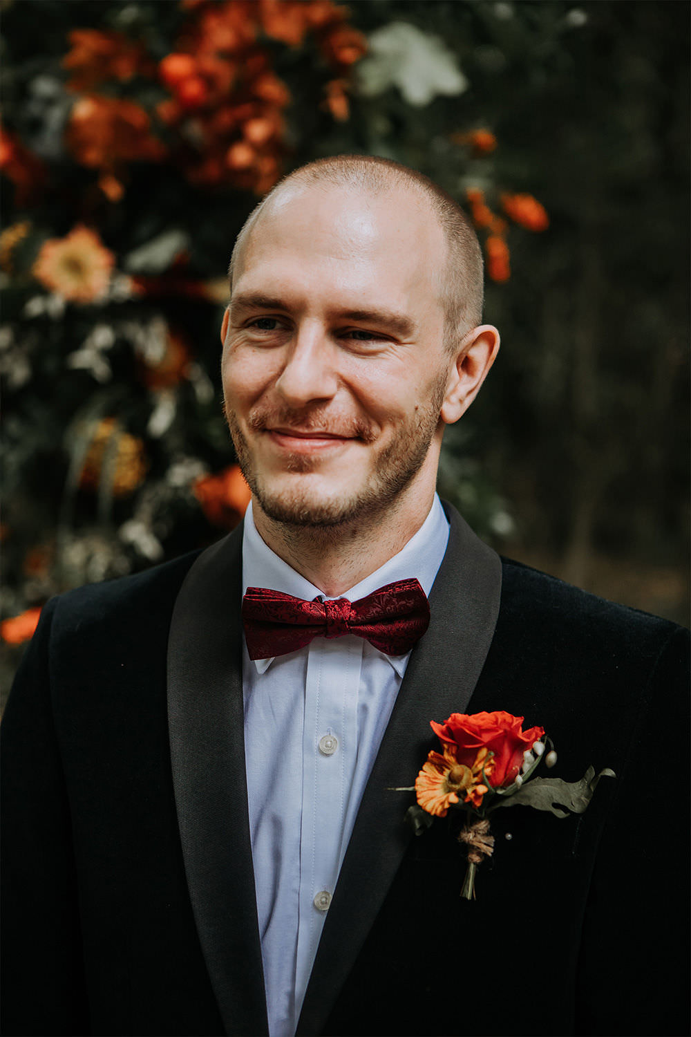 Groom Tuxedo Red Bow Tie Autumn Buttonhole Flowers Sustainable Woodland Wedding Charly Mae Photography