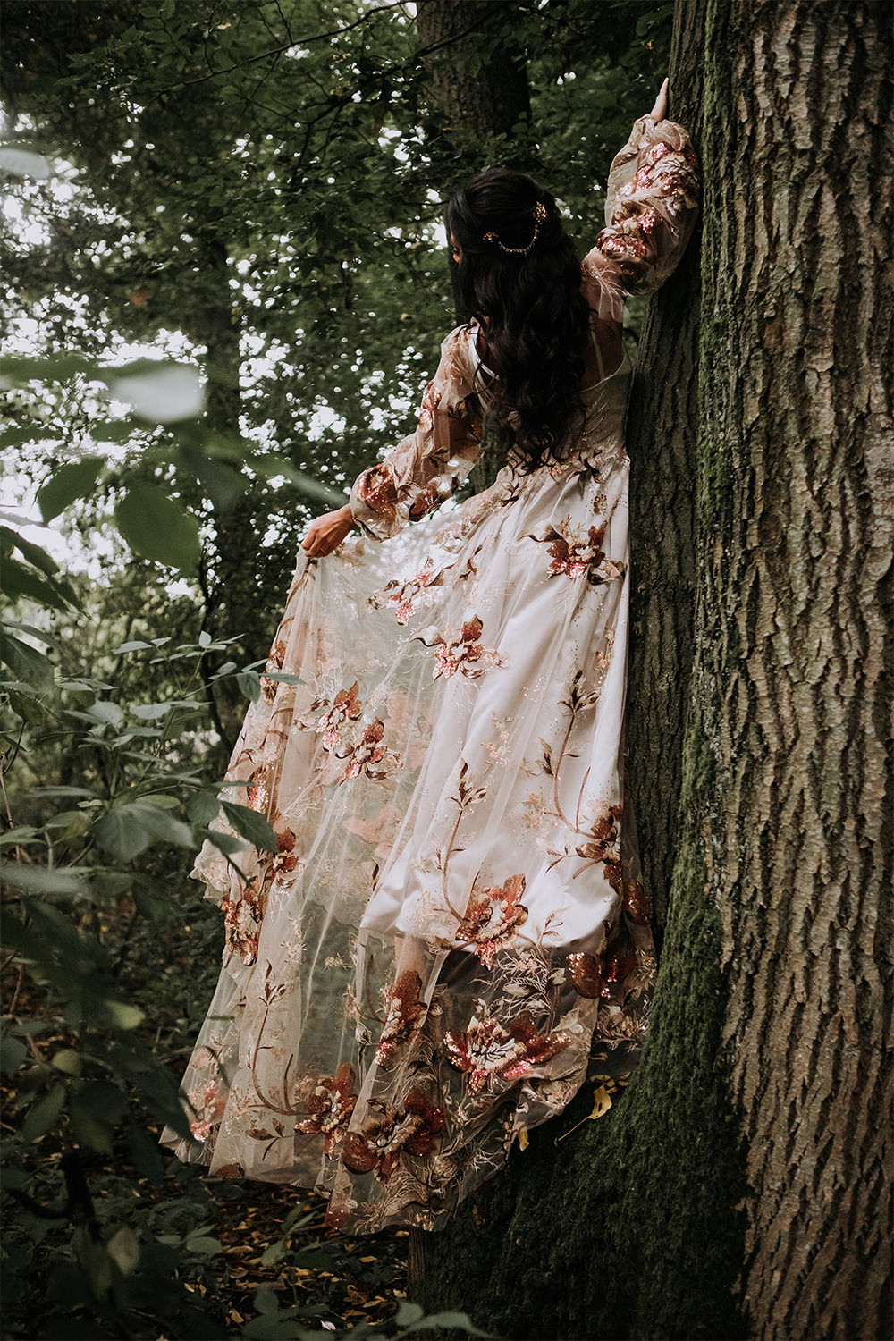 Floral Embroidered Dress Gown Bride Bridal Long Sleeve Sustainable Woodland Wedding Charly Mae Photography