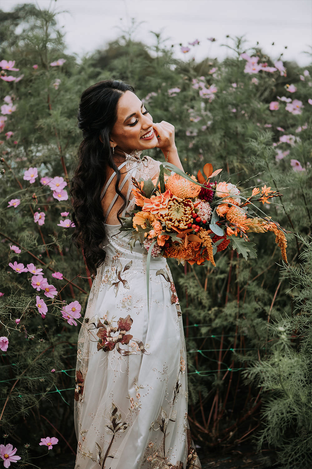 Bouquet Flowers Autumn Bride Bridal Dahlia Orange Sustainable Woodland Wedding Charly Mae Photography