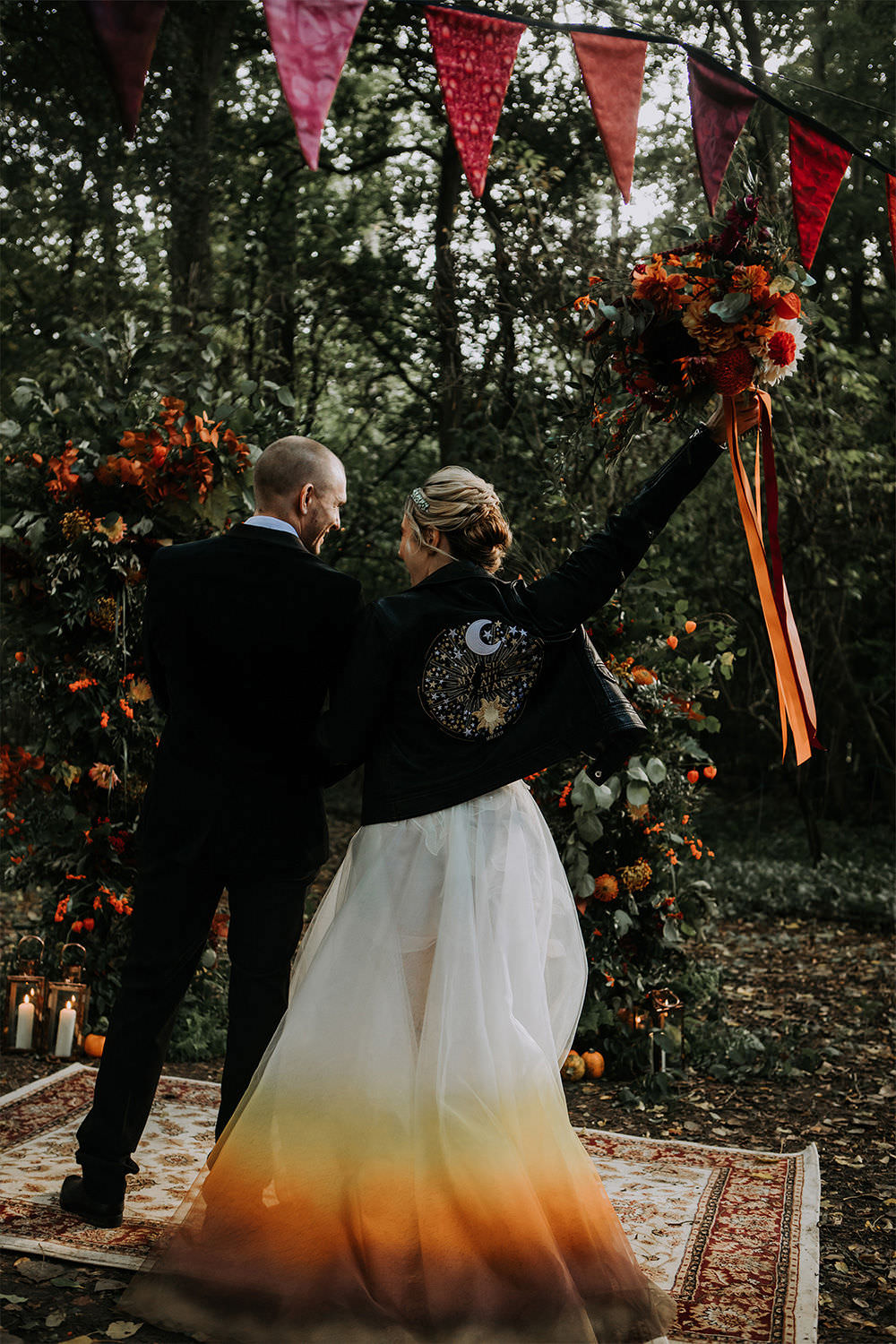 Custom Painted Bridal Leather Jacket Celestial Sustainable Woodland Wedding Charly Mae Photography
