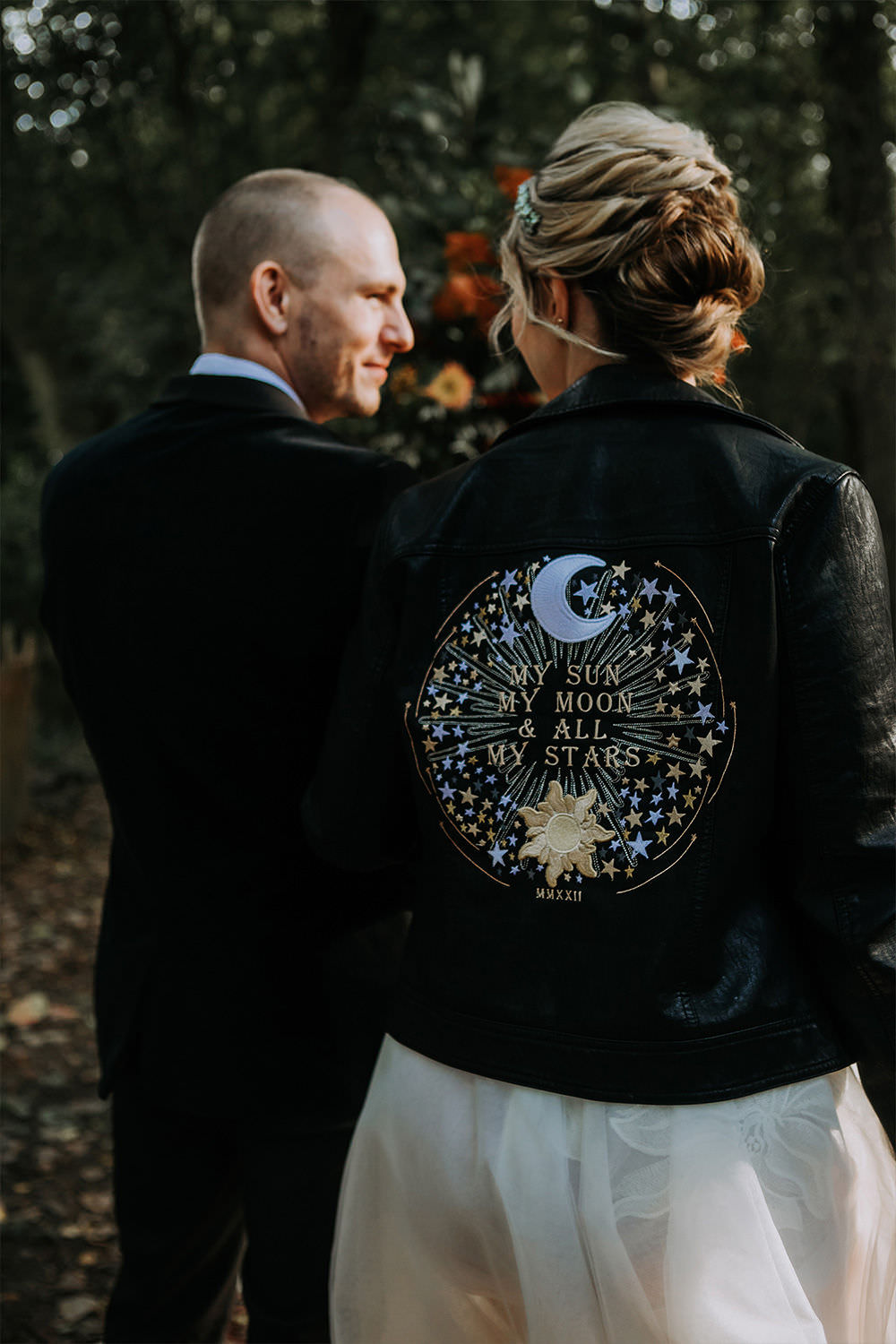 Custom Painted Bridal Leather Jacket Celestial Sustainable Woodland Wedding Charly Mae Photography