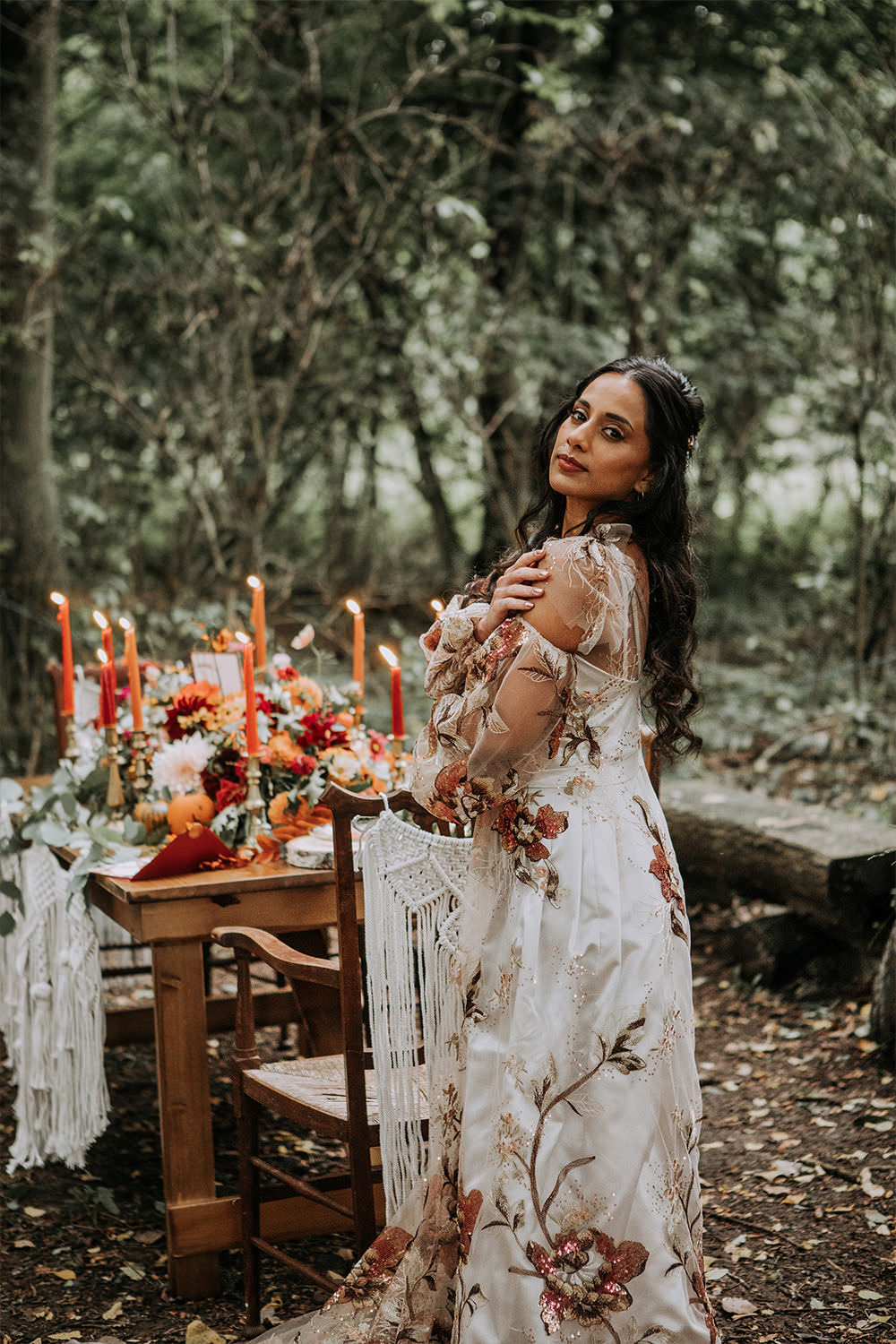 Floral Embroidered Dress Gown Bride Bridal Long Sleeve Sustainable Woodland Wedding Charly Mae Photography