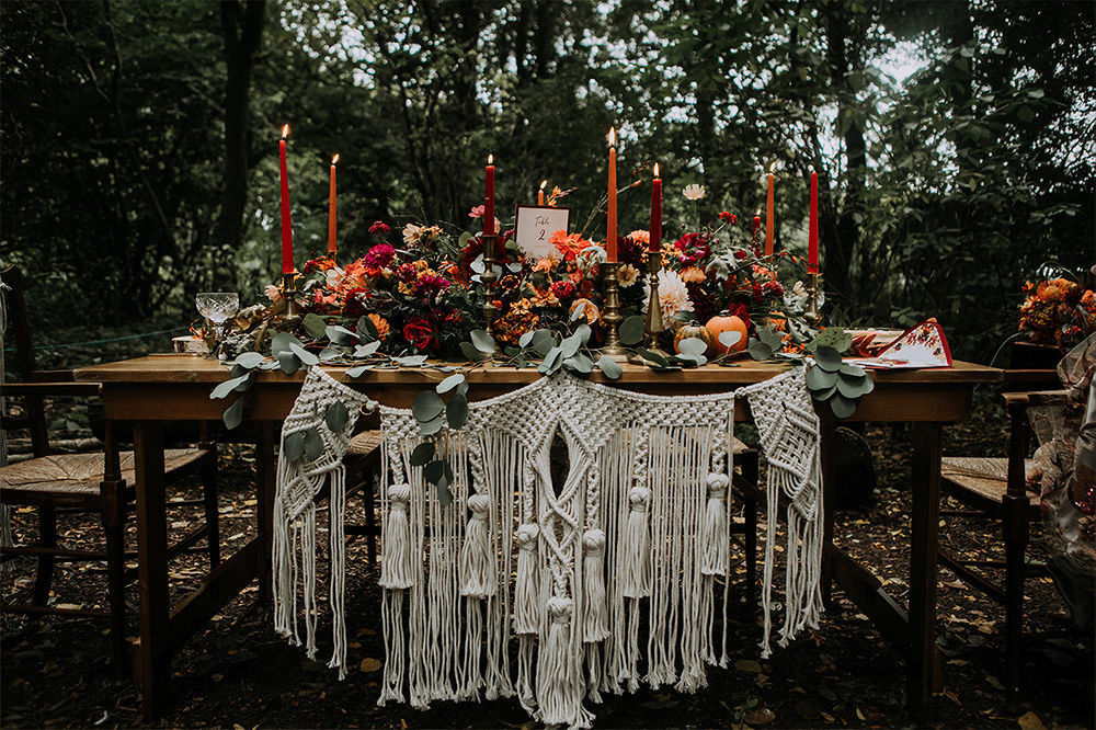 Table Decor Macrame Autumn Flowers Candles Sustainable Woodland Wedding Charly Mae Photography