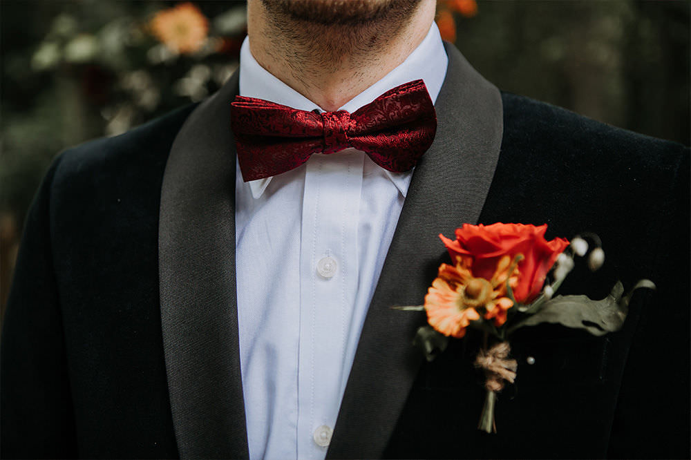 Groom Tuxedo Red Bow Tie Autumn Buttonhole Flowers Sustainable Woodland Wedding Charly Mae Photography