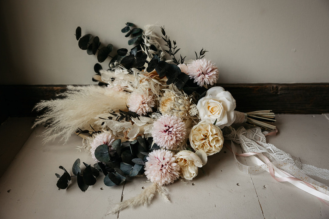 The Meadows Stirling Wedding Two Cheeks Studio Bridal Bouquet Flowers Bride Cream Rose Pink Dahlia Eucalyptus Pampas Grass