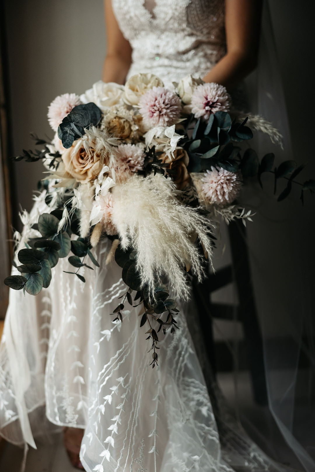 Bridal Bouquet Flowers Bride Cream Rose Pink Dahlia Eucalyptus Pampas Grass The Meadows Stirling Wedding Two Cheeks Studio