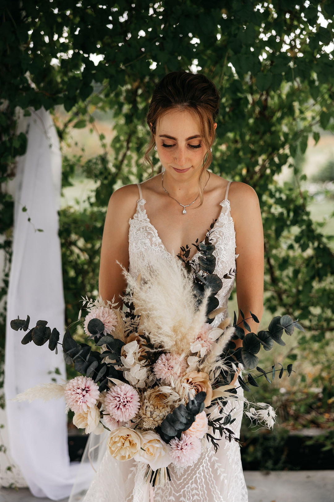Bridal Bouquet Flowers Bride Cream Rose Pink Dahlia Eucalyptus Pampas Grass The Meadows Stirling Wedding Two Cheeks Studio