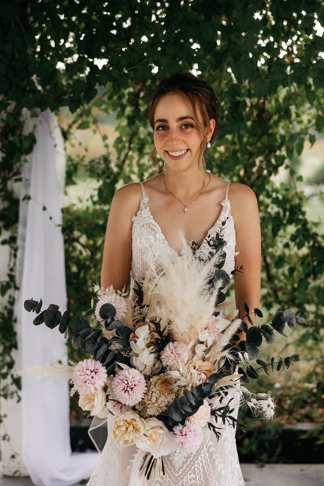Bridal Bouquet Flowers Bride Cream Rose Pink Dahlia Eucalyptus Pampas Grass The Meadows Stirling Wedding Two Cheeks Studio