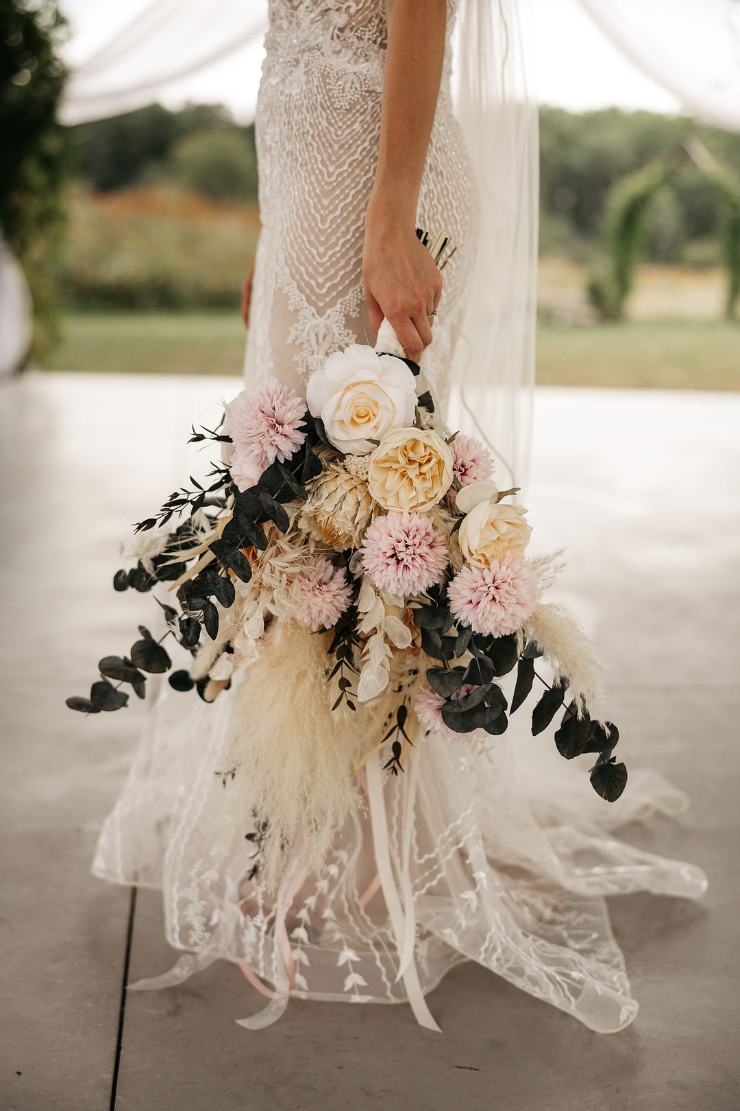Bridal Bouquet Flowers Bride Cream Rose Pink Dahlia Eucalyptus Pampas Grass The Meadows Stirling Wedding Two Cheeks Studio