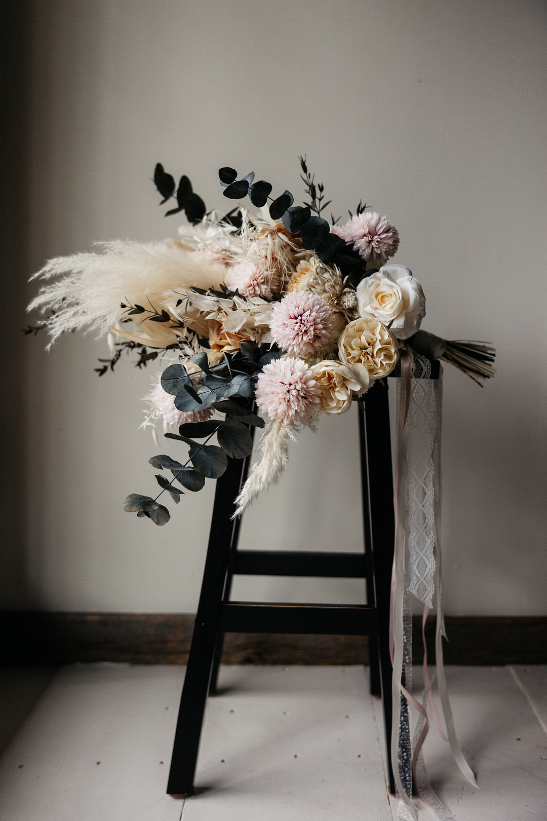 Bridal Bouquet Flowers Bride Cream Rose Pink Dahlia Eucalyptus Pampas Grass The Meadows Stirling Wedding Two Cheeks Studio