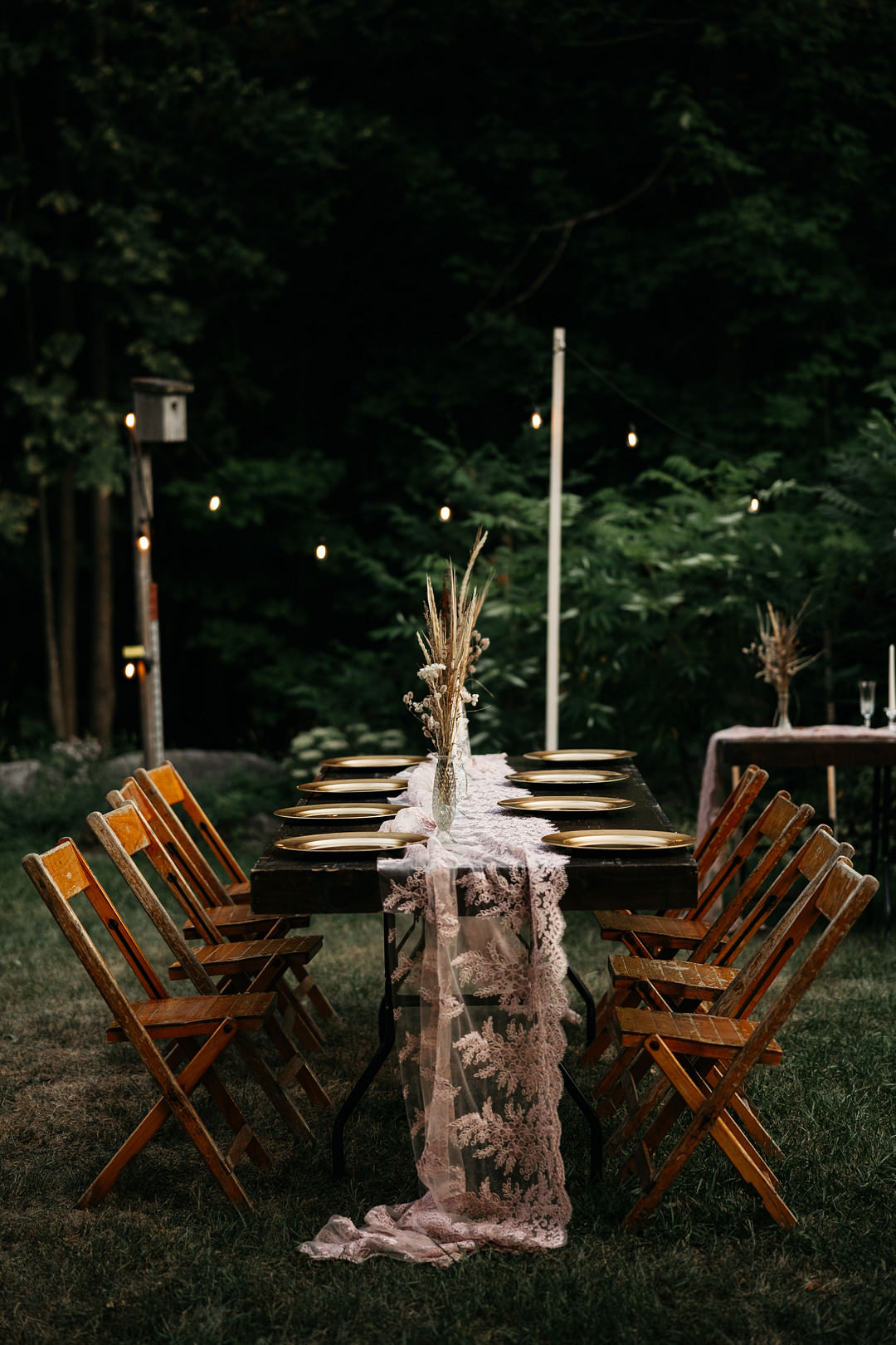 Wooden Tables Chairs Vintage Festoon Lights Dried Flowers Decor The Meadows Stirling Wedding Two Cheeks Studio