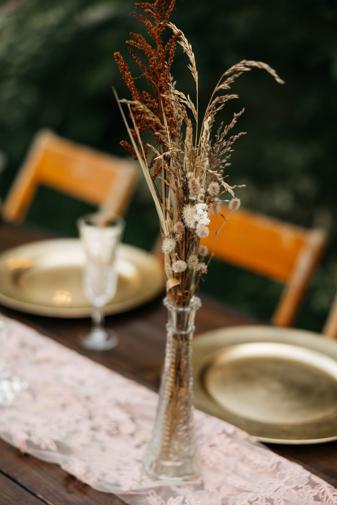 Wooden Tables Chairs Vintage Festoon Lights Dried Flowers Decor The Meadows Stirling Wedding Two Cheeks Studio