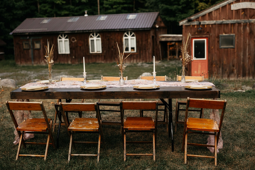 Wooden Tables Chairs Vintage Festoon Lights Dried Flowers Decor The Meadows Stirling Wedding Two Cheeks Studio