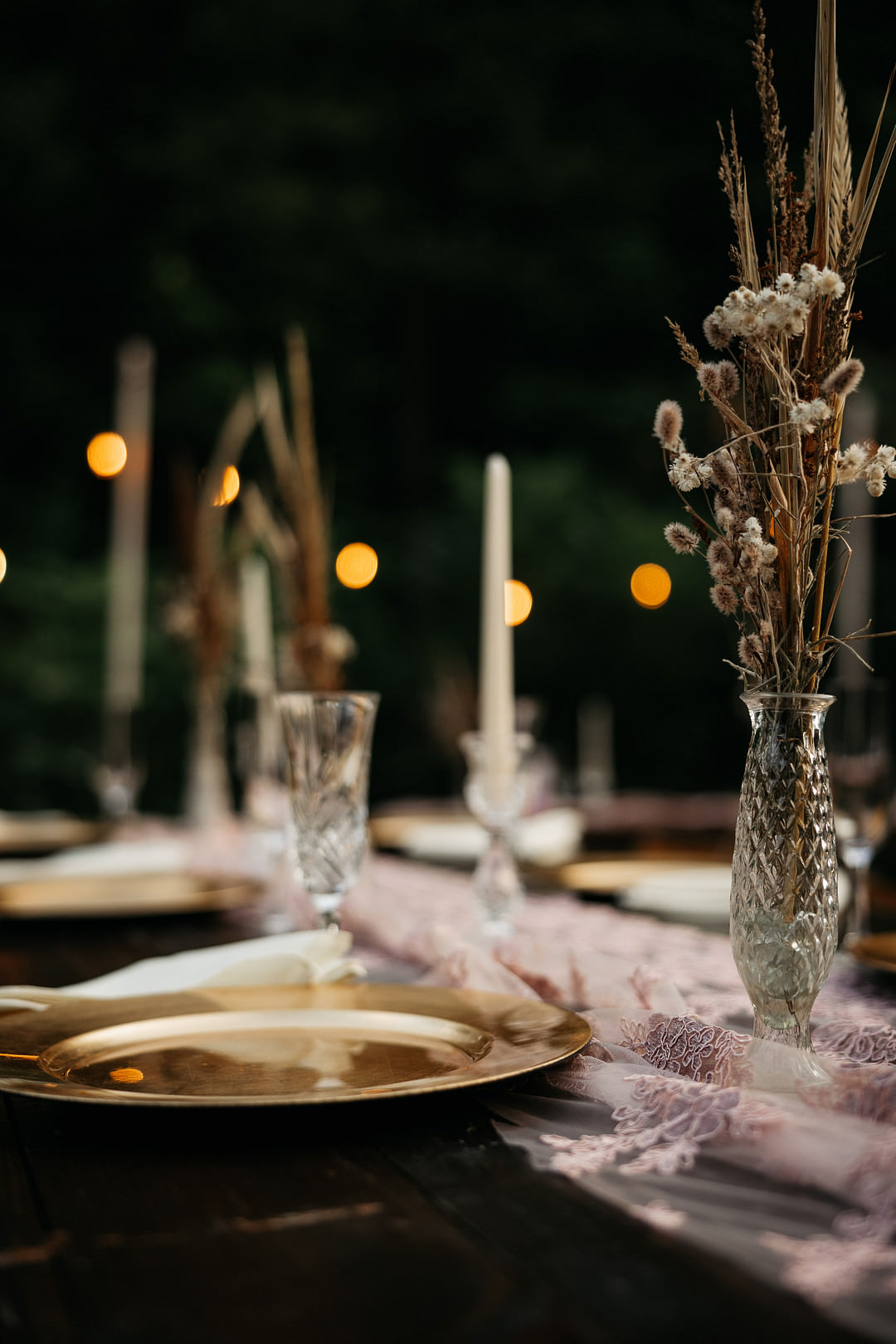 Wooden Tables Chairs Vintage Festoon Lights Dried Flowers Decor The Meadows Stirling Wedding Two Cheeks Studio